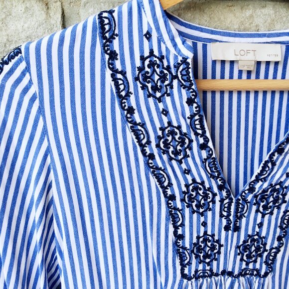 Loft Blue and White Pinstripe Flounce Sleeve Blouse - Picture 5 of 7